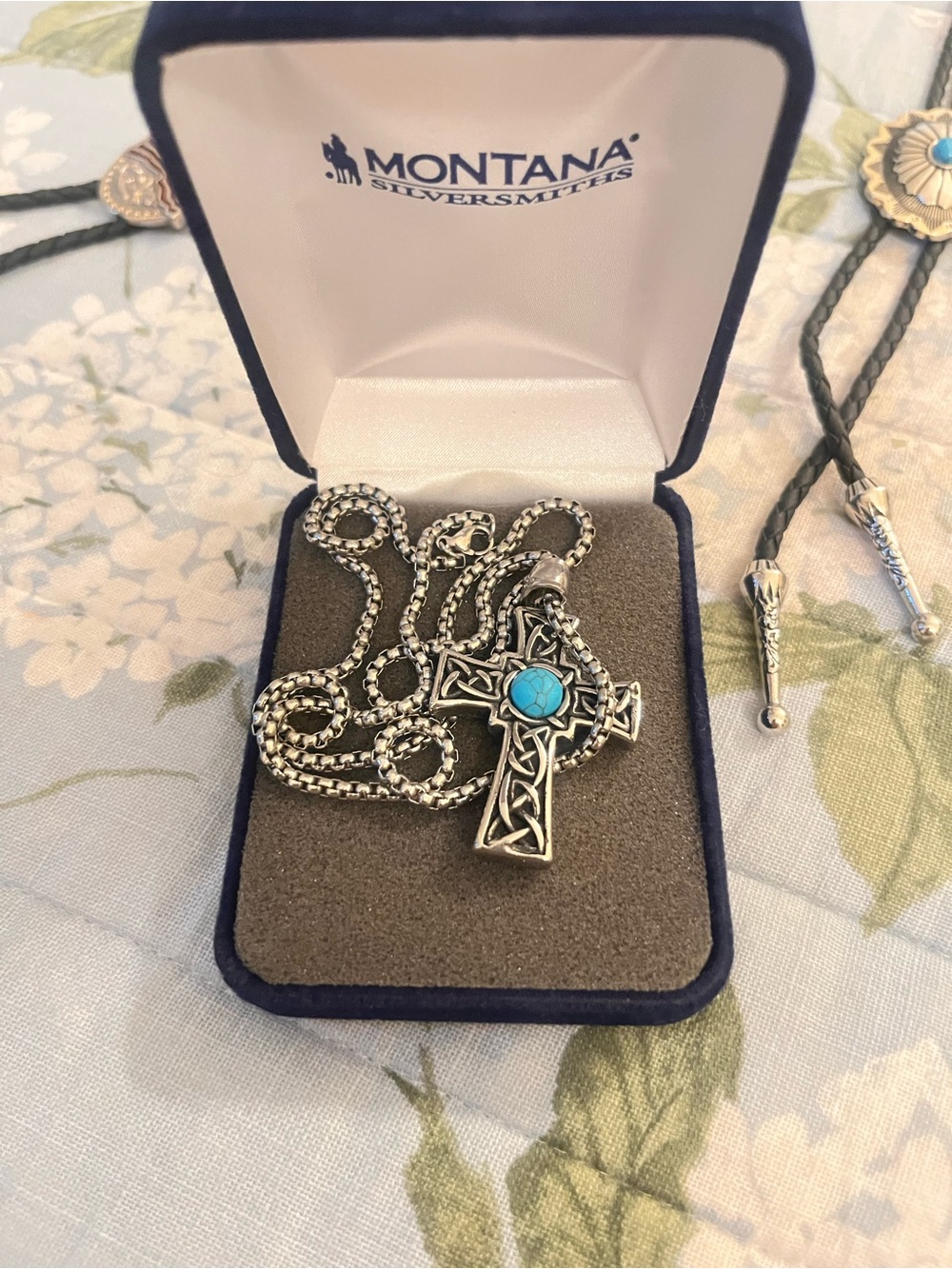 Montana Silversmiths Silver Cross Necklace with Turquoise Accent 10 inches